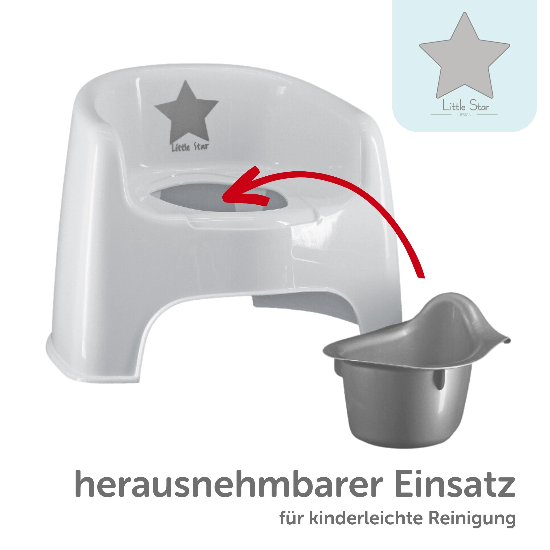 Weißes Töpfchen mit herausnehmbarem Einsatz und grauem Sternlogo.