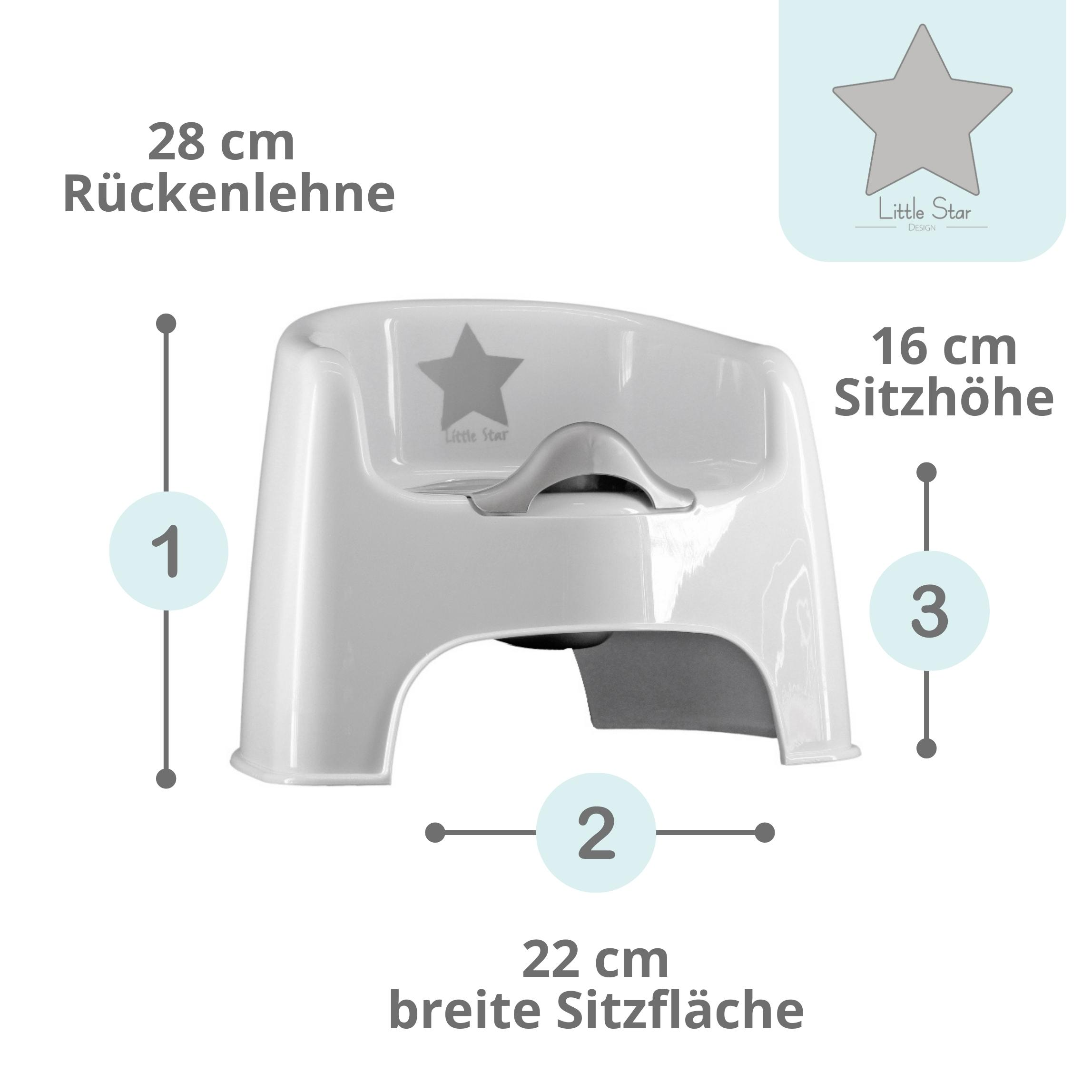 Ein weißes Töpfchen mit Maßen und einem Little Star Design Logo.