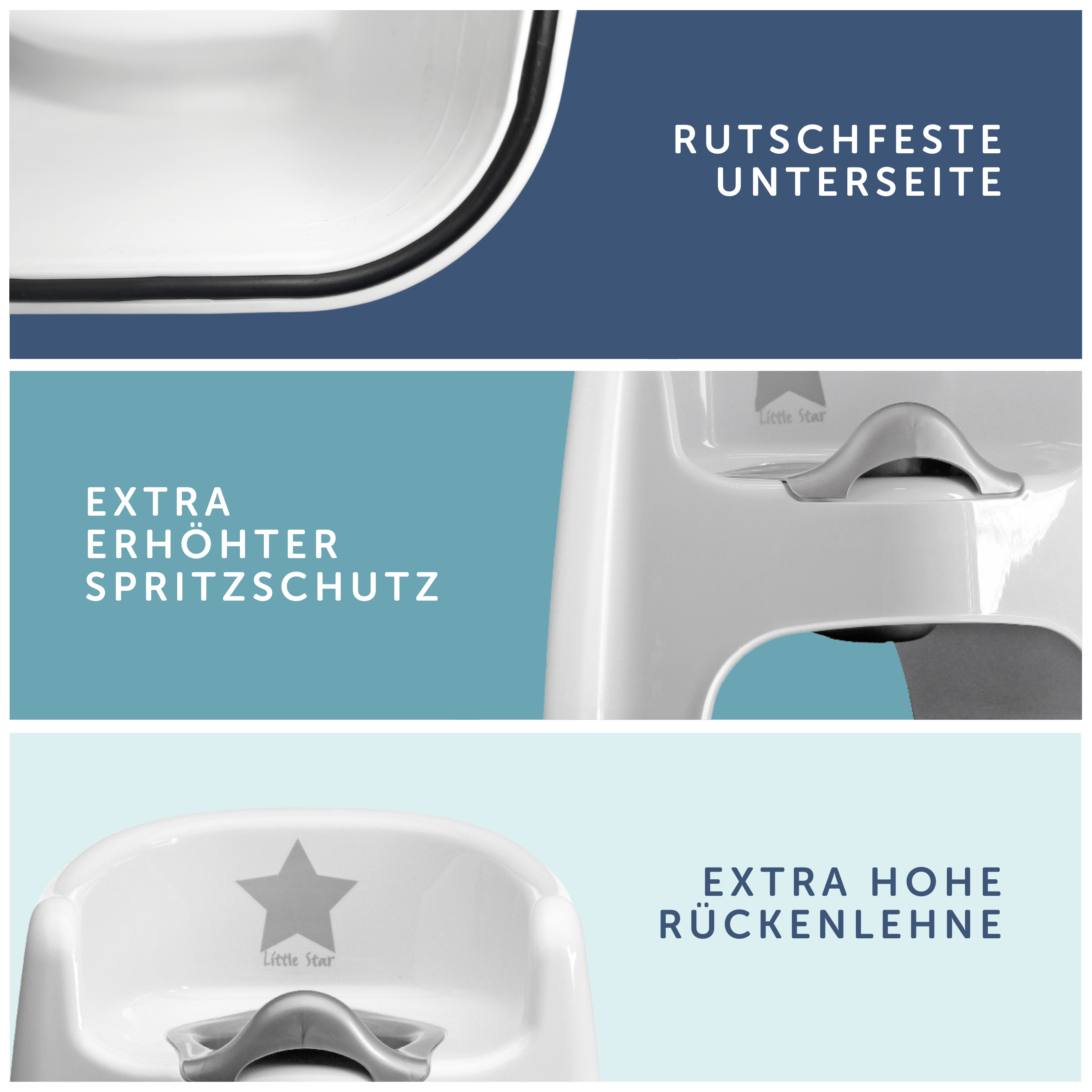 Nahaufnahmen des Töpfchenstuhls mit rutschfestem Boden, Spritzschutz und hoher Rückenlehne. Text: Little Star.