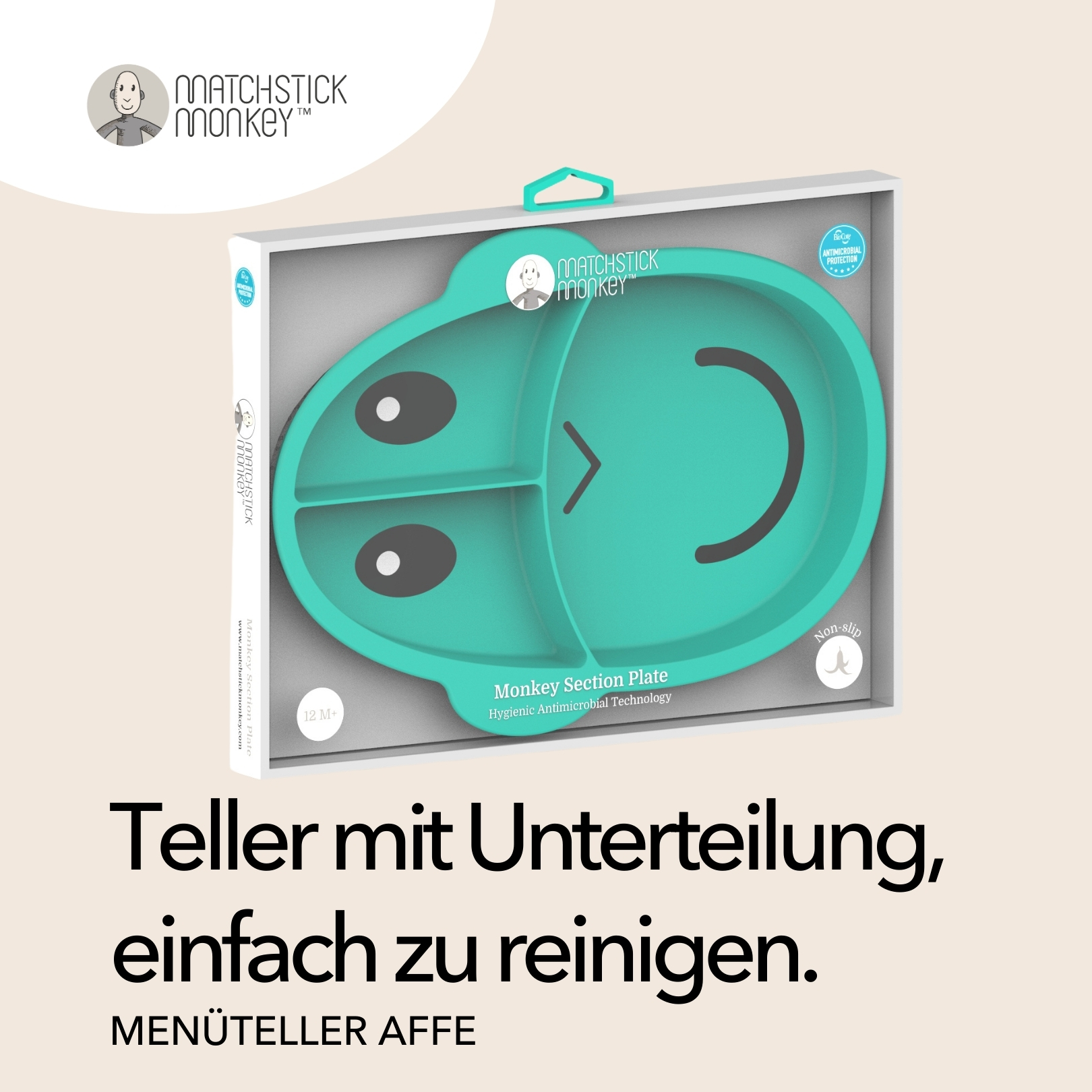 Baby-Teller-Set in einer Box mit dem türkisfarbenen Affen-Gesicht-Teller.