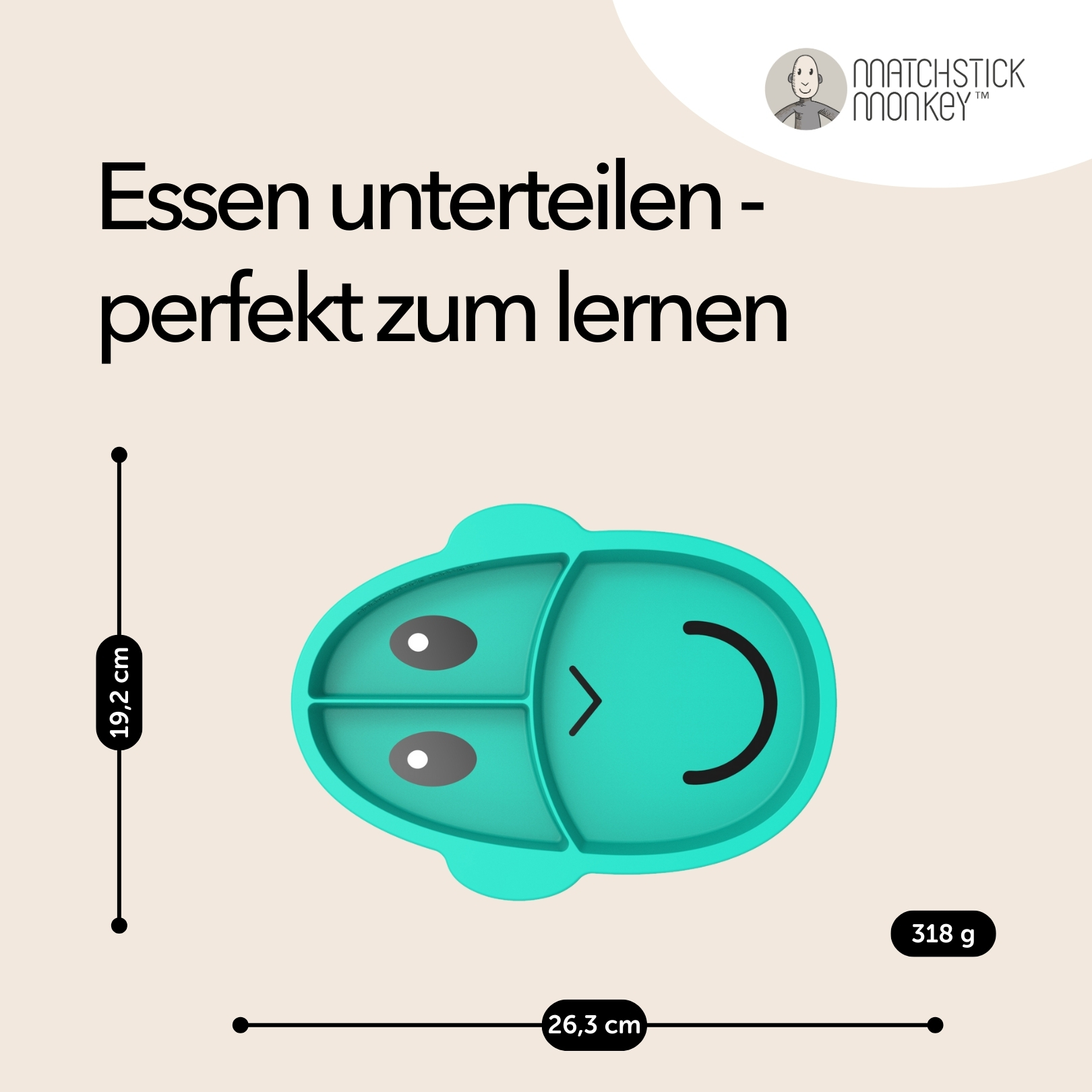 Ein teal-farbener Teller mit Unterteilungen, Abmessungen und Gewichtsangaben sind angegeben.
