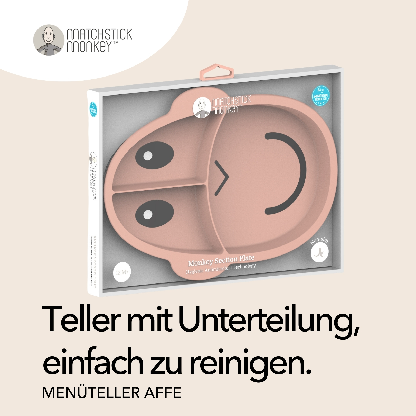 Affenförmiger Babyteller mit Fächern, in einer Box, mit Text über leichte Reinigung.