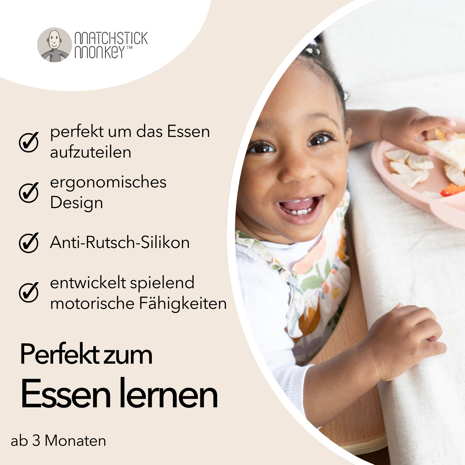 Ein lächelndes Baby, mit Text über ein Produkt zum Essen lernen.