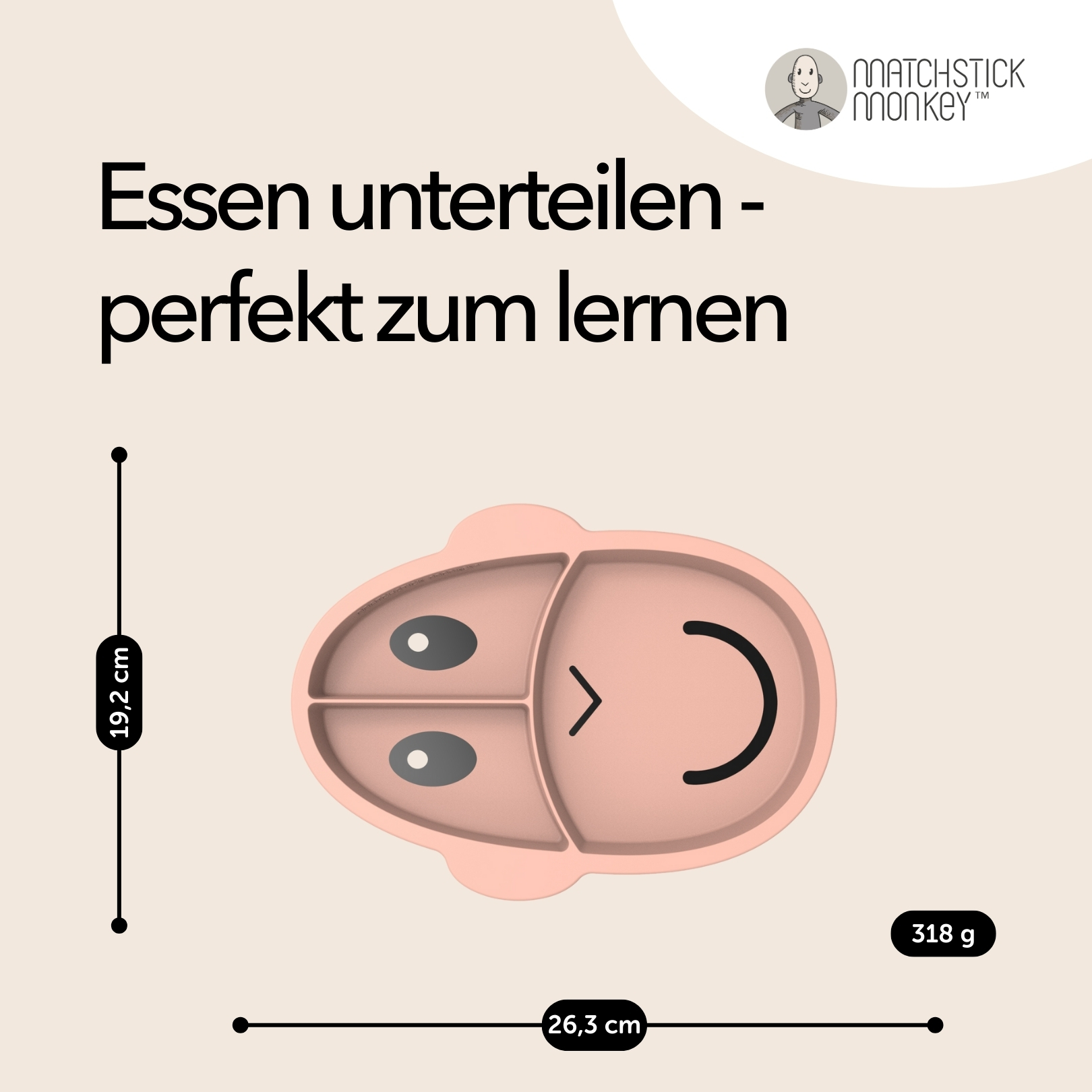 Rosa affenförmige Platte mit drei Abschnitten, Maßen und einem Markenlogo.