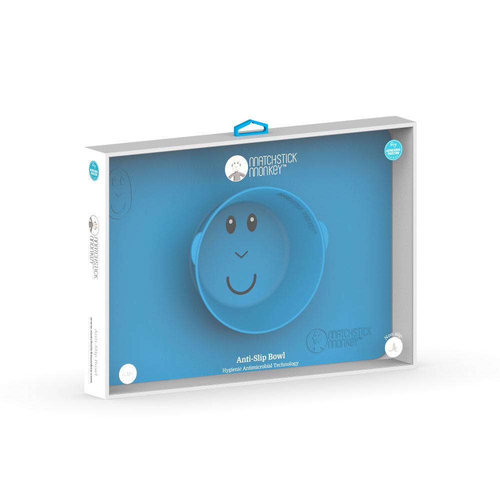 Verpacktes blaues Affengesicht-Schüssel- und Matten-Set, mit dem Markenlogo.