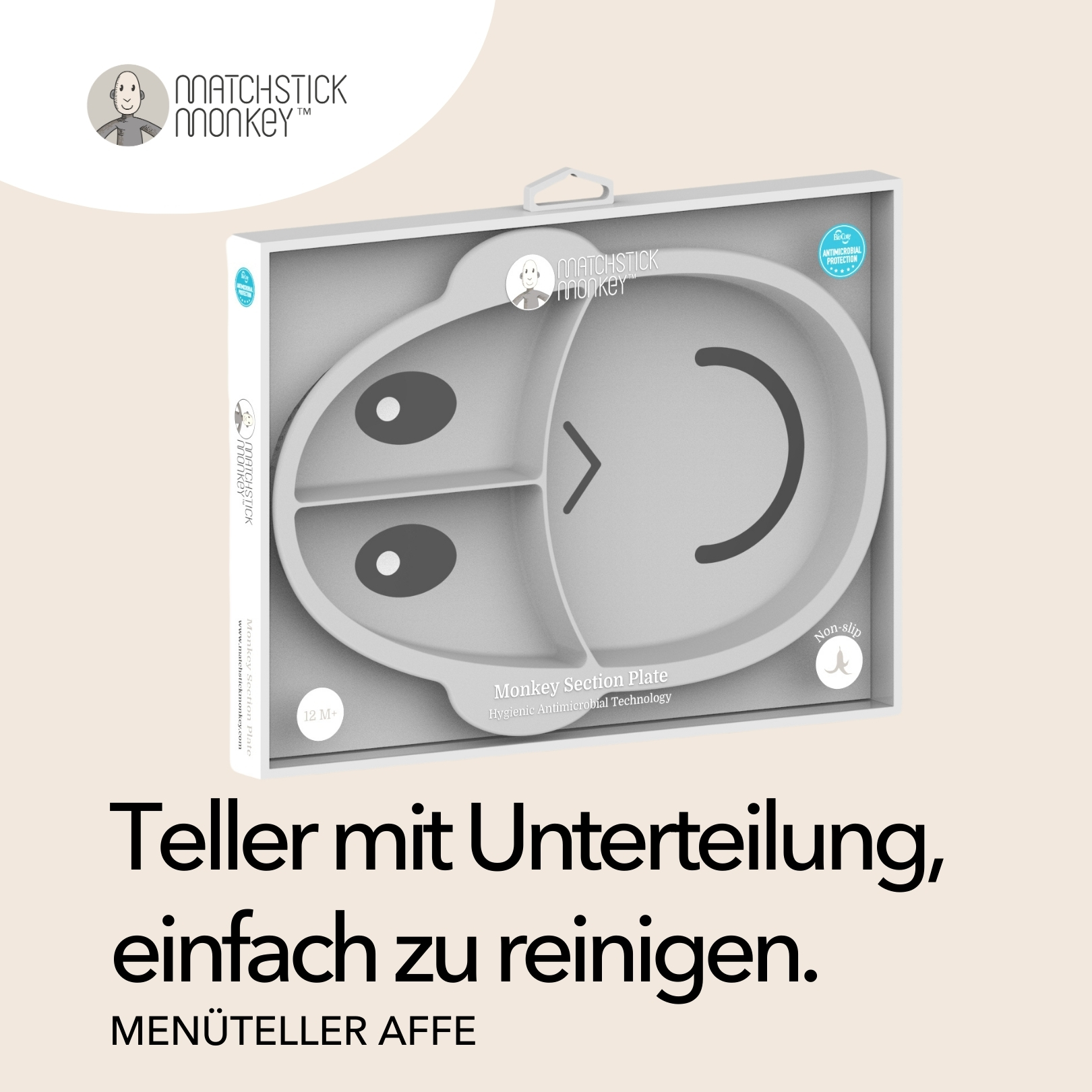 Eine graue Babyteller mit drei Fächern, einem lächelnden Affengesicht und dem Markennamen Matchstick Monkey.