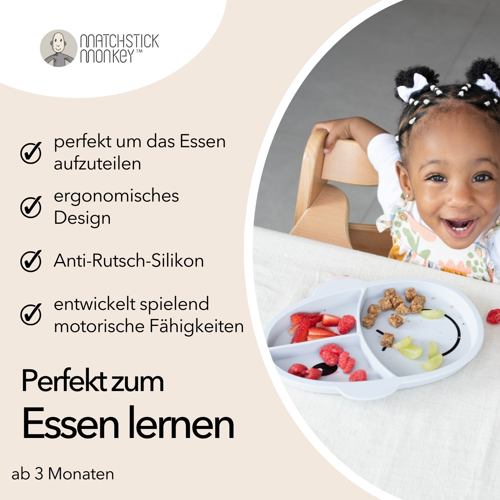 Mädchen lächelt, sitzt neben einem Teller mit Essen, lernt essen.