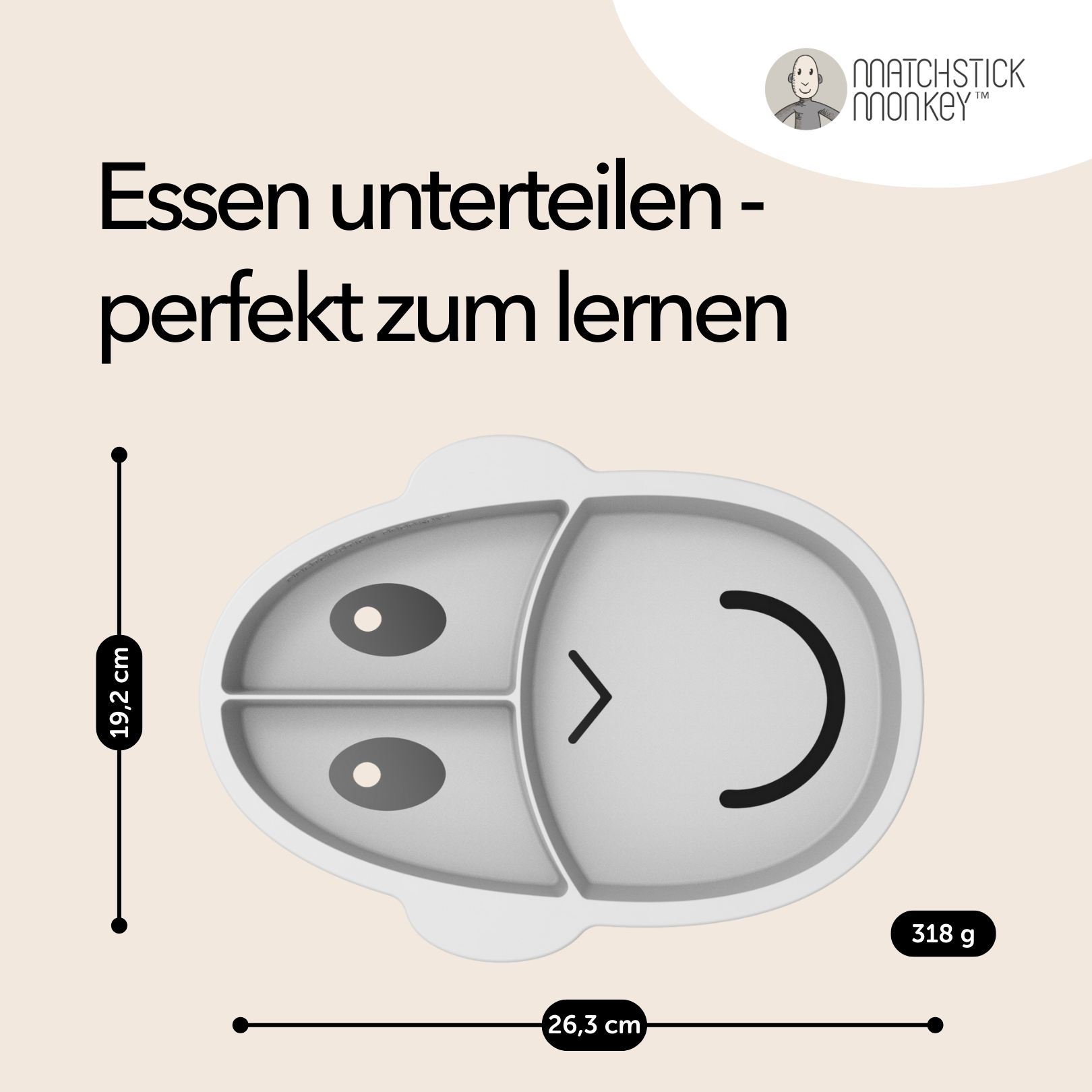 Graue affenförmige Platte mit drei Abschnitten, Maßen und einem Markenlogo.