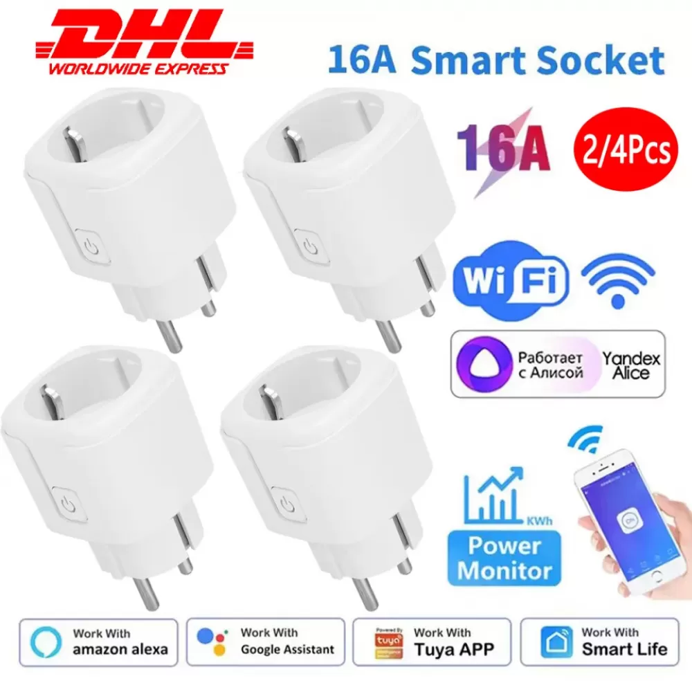 Vier weiße Smart-Steckdosen mit WLAN- und Smart-Home-Integrationssymbolen.