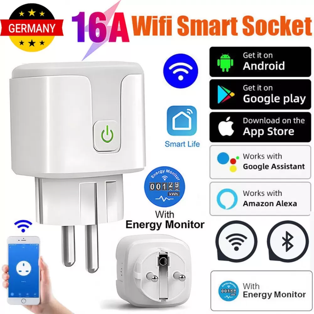 Eine weiße Smart-Steckdose mit WLAN-, Energiemonitor- und App-Integrationssymbolen.
