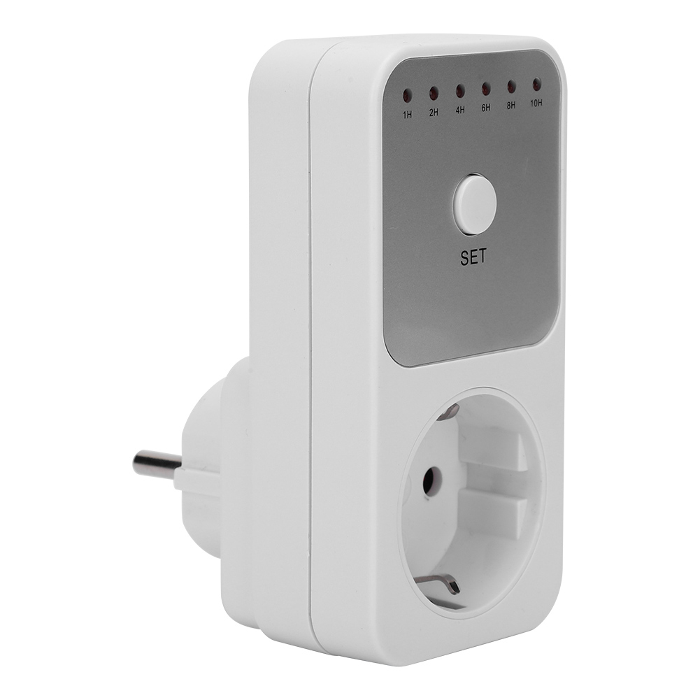 Ein weißer elektrischer Timer mit Stecker und einigen Kontrollleuchten.