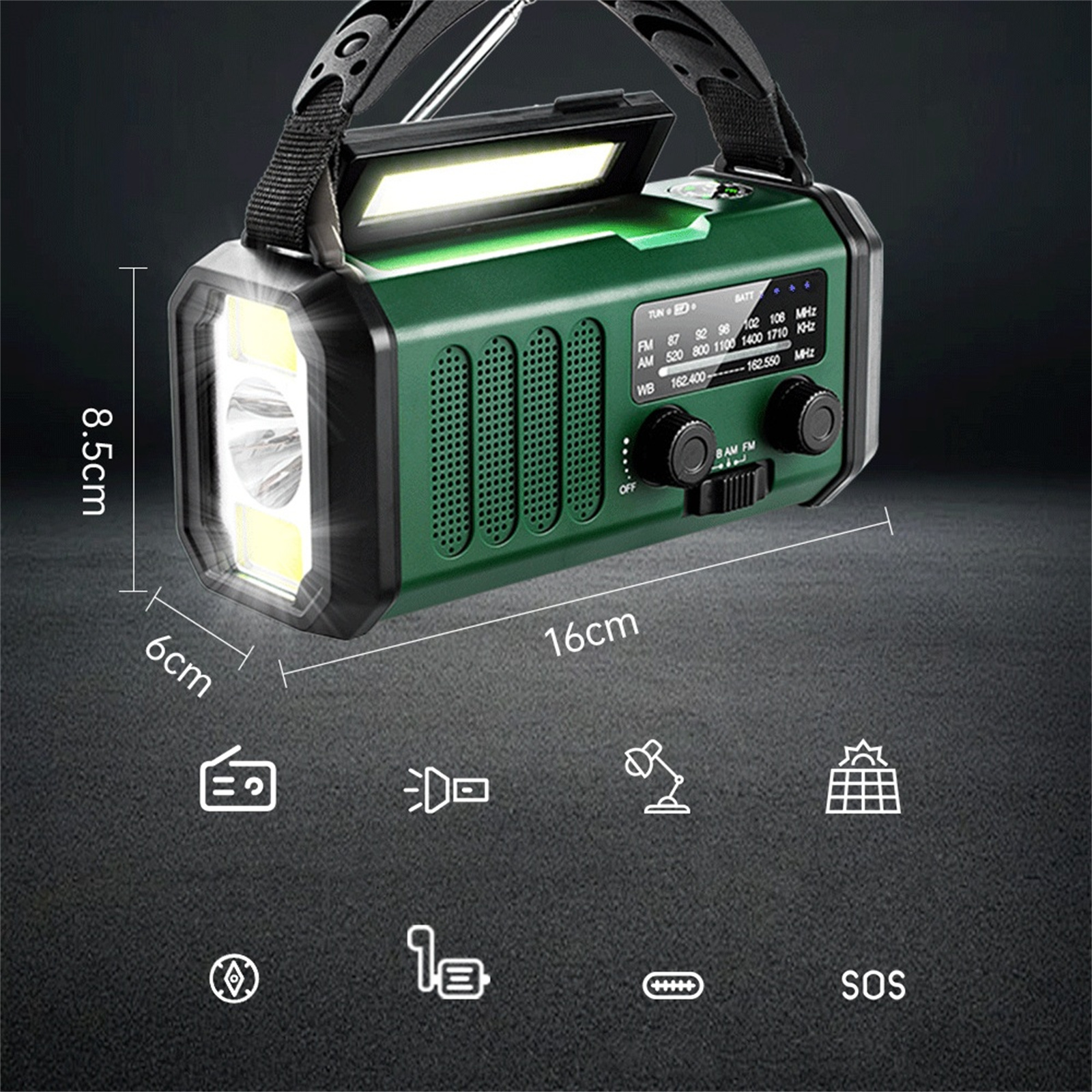 Eine grüne Taschenlampe-Radio-Kombination mit Maßen und Symbolen. Ein Licht leuchtet.