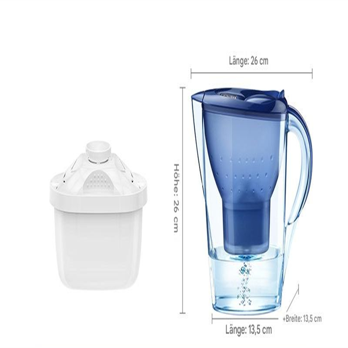 Ein Wasserfilterkrug und ein Ersatzfilter mit beschrifteten Abmessungen.