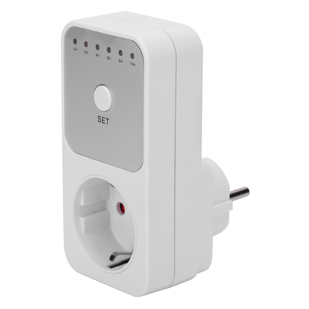 Ein weißer elektrischer Timer mit Stecker und mehreren Kontrollleuchten.