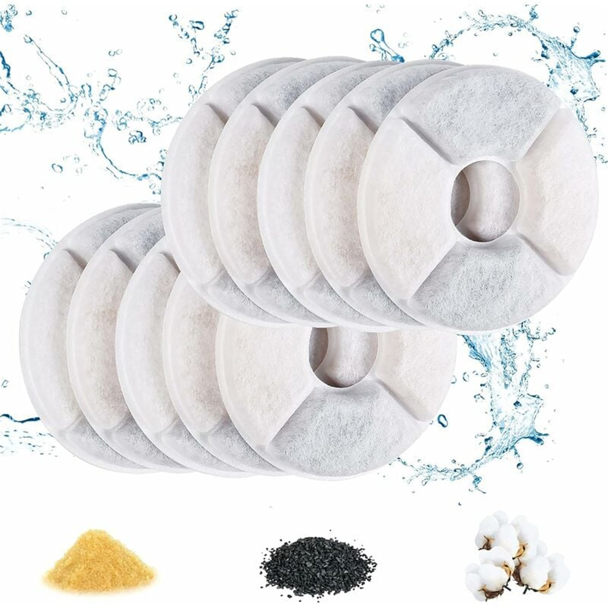 Eine Sammlung von Wasserfilterpatronen und -komponenten. Zu den Komponenten gehören Baumwolle und Holzkohle.
