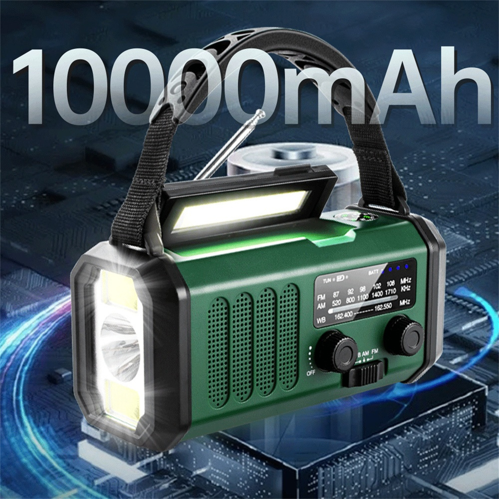 Eine grüne und schwarze Taschenlampe mit Radio und Handkurbel mit 10000mAh.