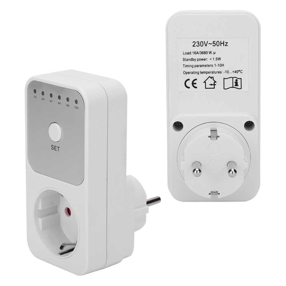 Ein weißer Steckdosen-Timer mit Stecker und Set-Taste. Er hat Kontrollleuchten.