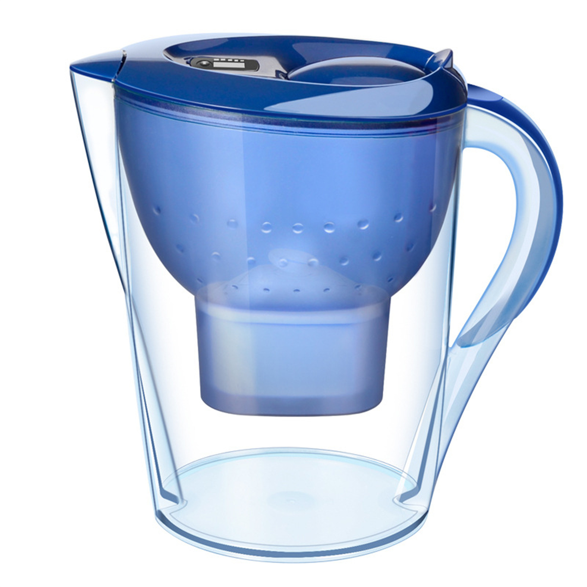Blauer Wasserfilter-Krug mit blauem Deckel und Griff, transparenter Körper.