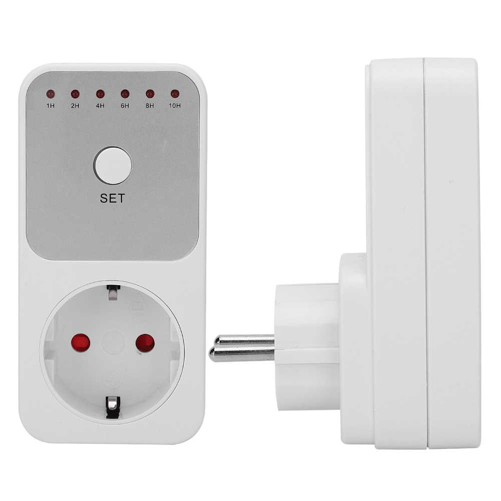 Weißer Smart Plug mit roten Kontrollleuchten und einer zentralen Set-Taste und einem Stecker.