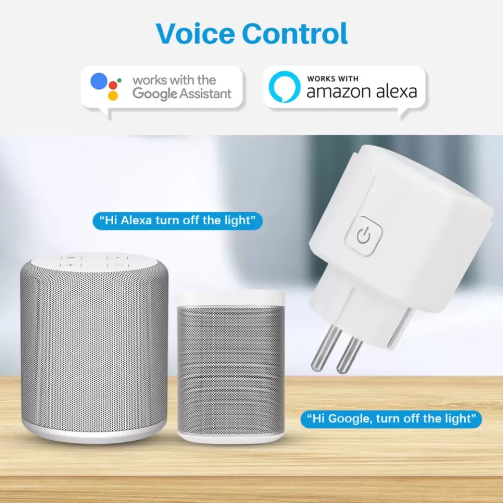 Smart Speaker und Stecker werden gezeigt, Sprachsteuerung mit Google Assistant und Alexa kompatibel.