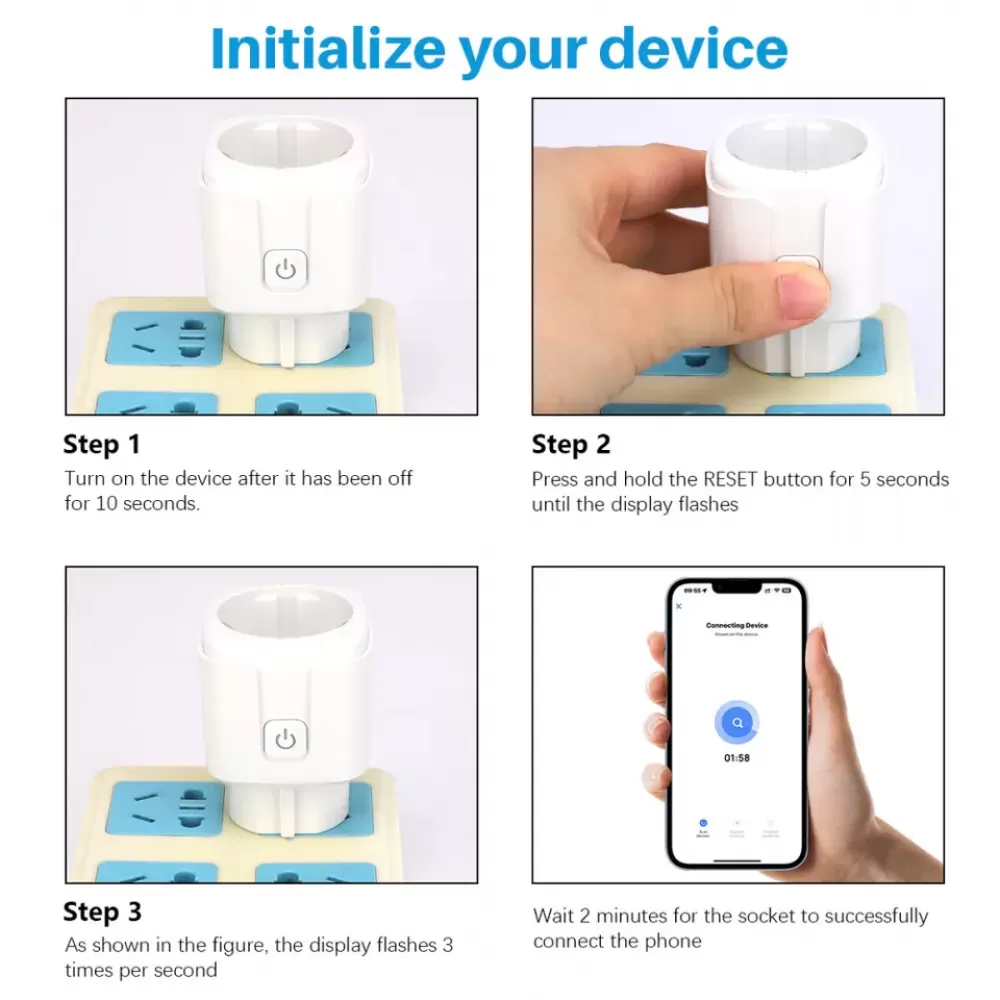 Anweisungen zur Initialisierung der intelligenten Steckdose. Schritte umfassen Einschalten und Verbindung zum Telefon.