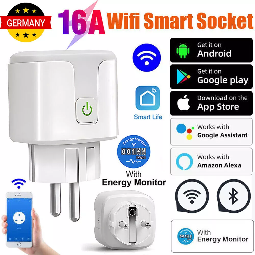 Weißer Smart-Stecker mit WLAN. Mit Ein-/Aus-Taste, Energiemonitor und QR-Codes für Apps.