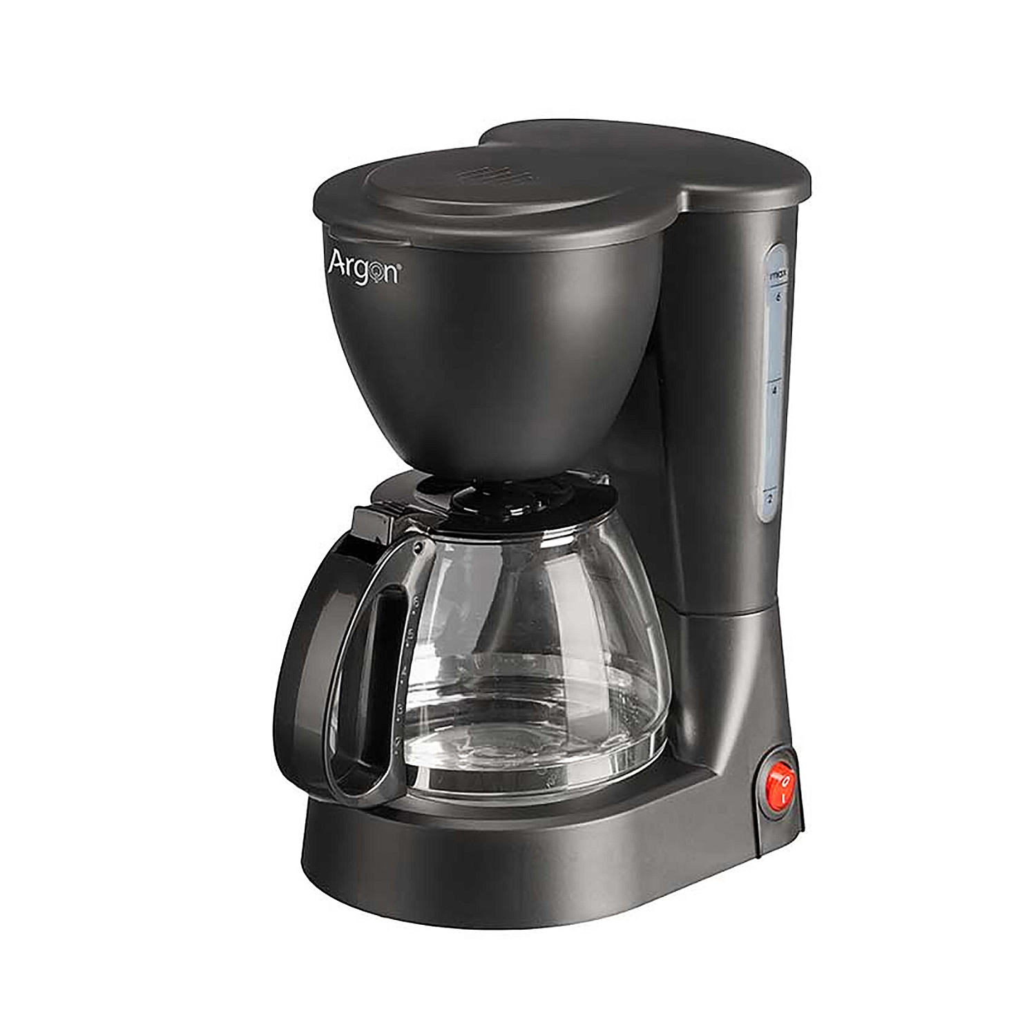 Macchina per il caffè nera con caraffa in vetro e pulsante di accensione rosso. Logo Argon.