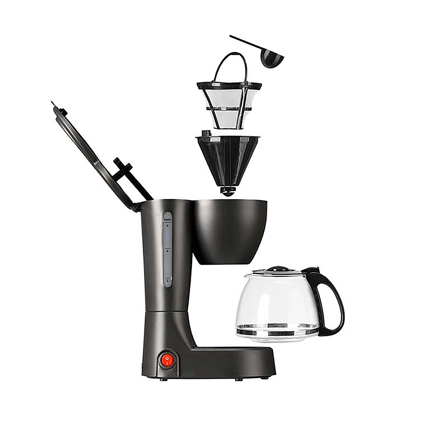 Le parti della macchina del caffè sono mostrate separate. Include il corpo principale, il filtro e una caraffa di vetro.