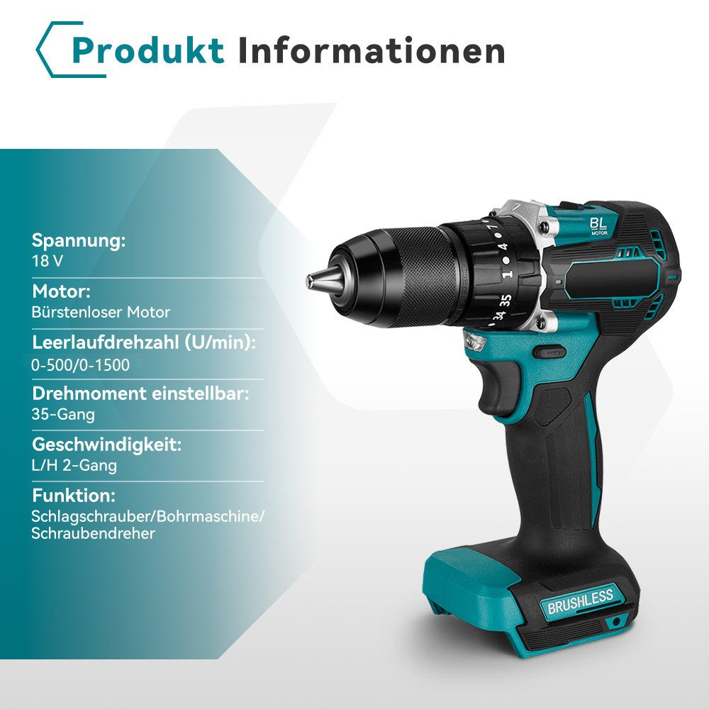 Ein Akkubohrer mit einem schwarzen und tealfarbenen Gehäuse. Der Bohrer hat einen Bohrer und den Text "BRUSHLESS".