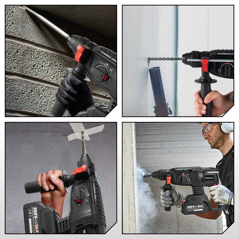 Múltiples imágenes que muestran un taladro percutor negro y rojo que se utiliza en varias superficies.