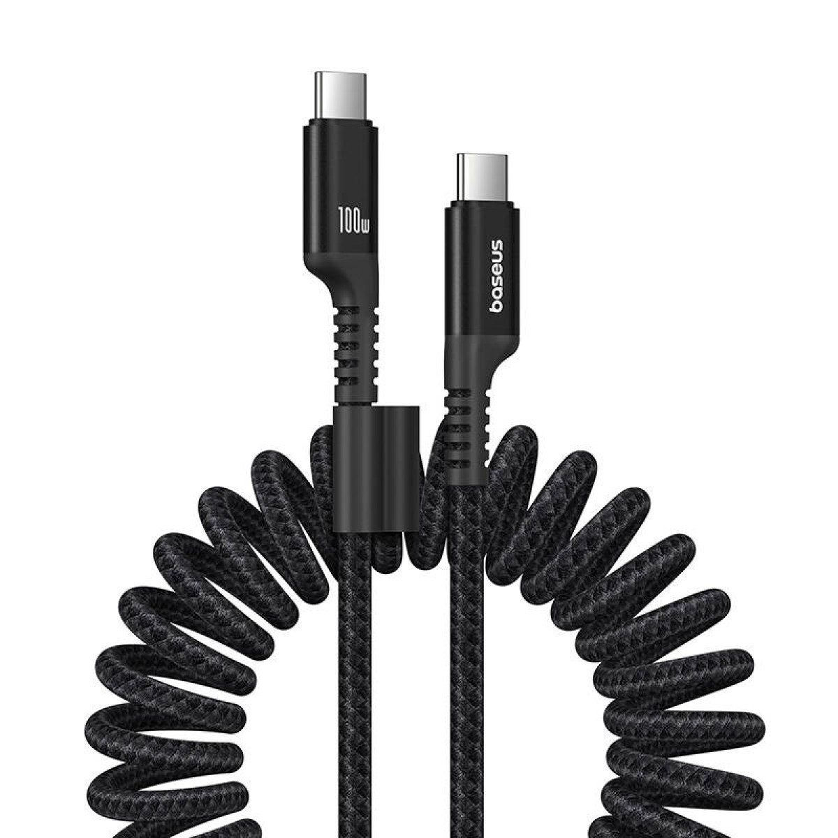 Zwei schwarze Ladekabel mit den Texten '100w' und 'baseus' auf ihren Gehäusen, in einer Spule.