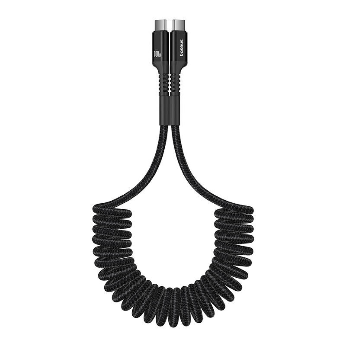 Schwarzes, gewendeltes USB-C-Kabel mit Baseus-Branding.