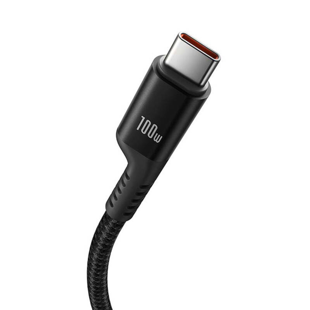 Ein schwarzes Ladekabel mit USB-C-Anschluss und dem Text '100w' auf dem Gehäuse.