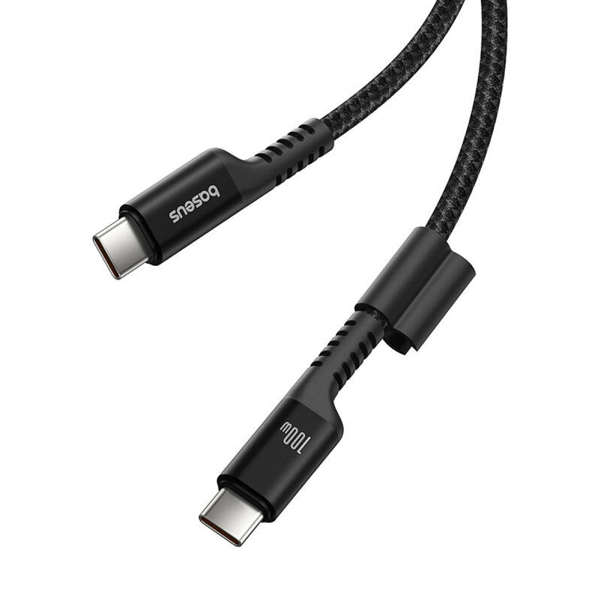 Ein schwarzes USB-C-Kabel mit "baseus" an einem Ende und "100W" am anderen. Das Kabel ist schwarz.