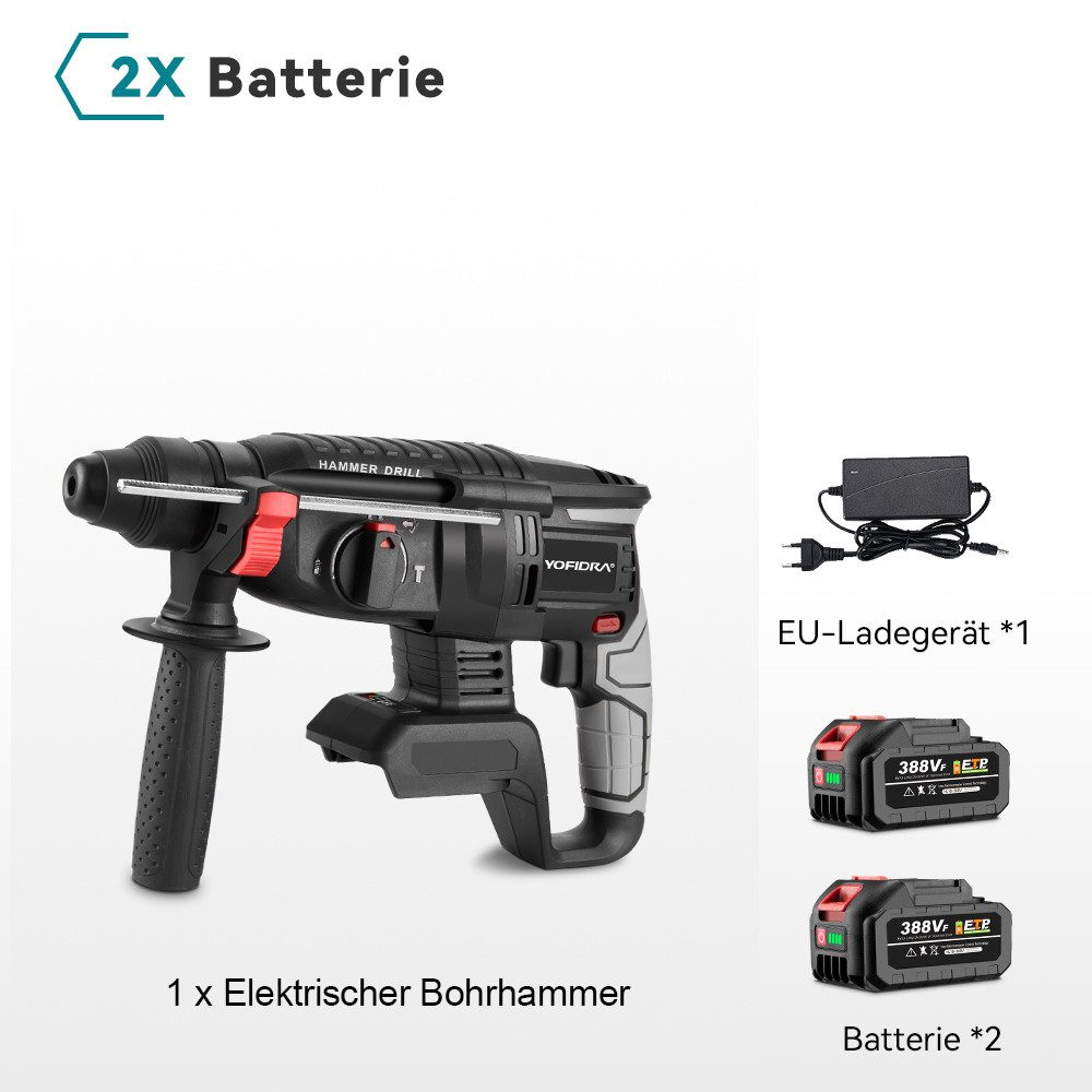Ein schwarzer und grauer Bohrhammer mit zwei Batterien und einem Ladegerät. Es befindet sich auf einer weißen Oberfläche.