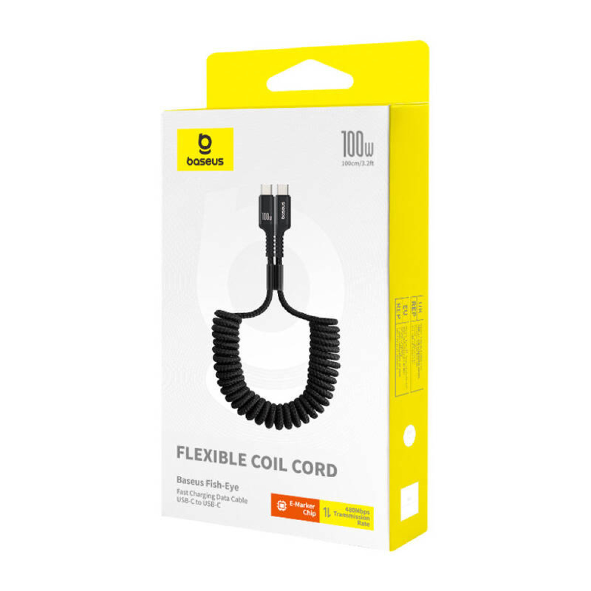 Ein Baseus USB-C flexibles Spiralkabel zum Aufladen, verpackt in einer Box.