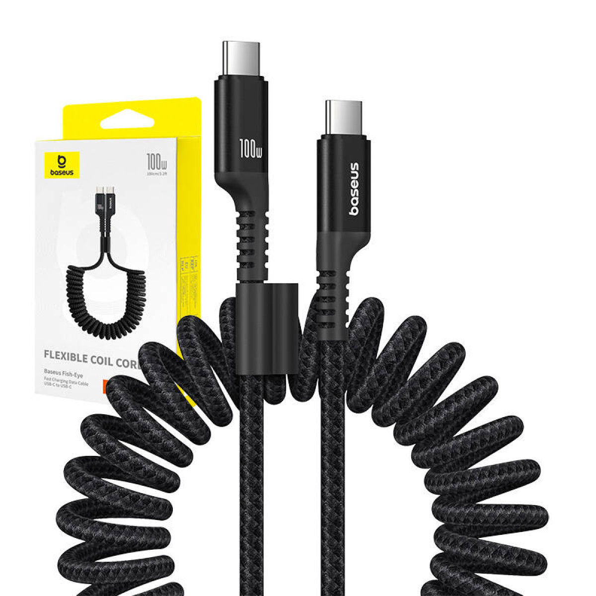Schwarzes USB-C-Kabel mit gewendeltem Design, mit Baseus-Branding.