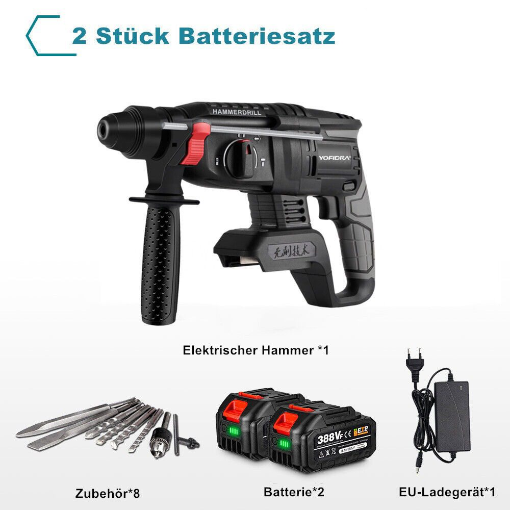 Ein schwarz-roter Elektrohammer, Zubehör, zwei Batterien und ein Ladegerät.