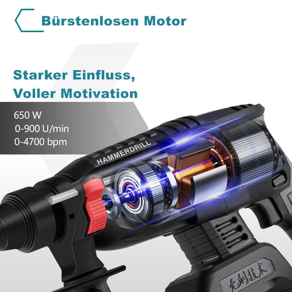 Nahaufnahme eines Bohrers mit bürstenlosem Motor. Text auf Deutsch beschreibt Leistung und Funktionen. Elektrobohrer.