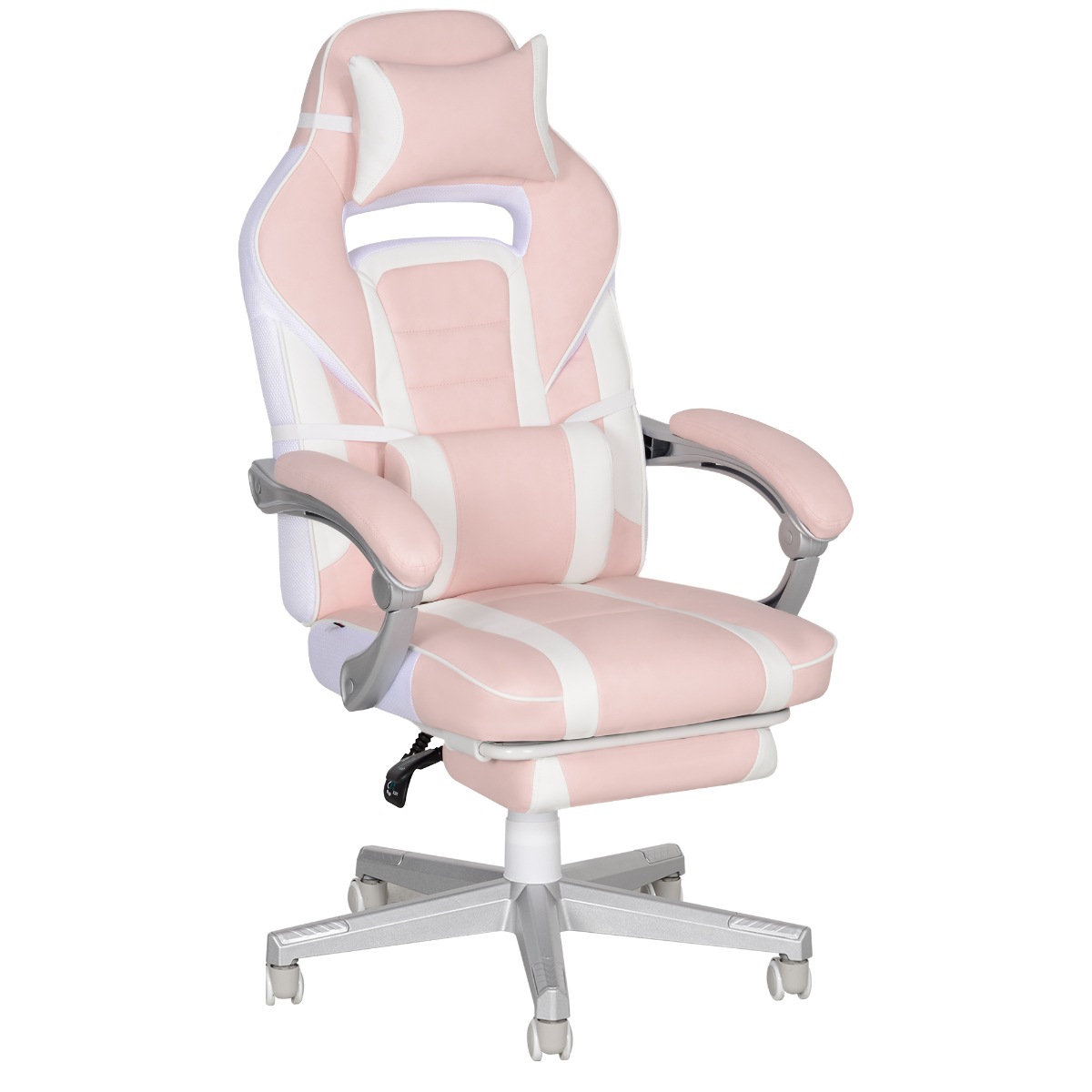Ein rosa-weißer Gaming-Stuhl mit Kopfstütze und Fußstütze.