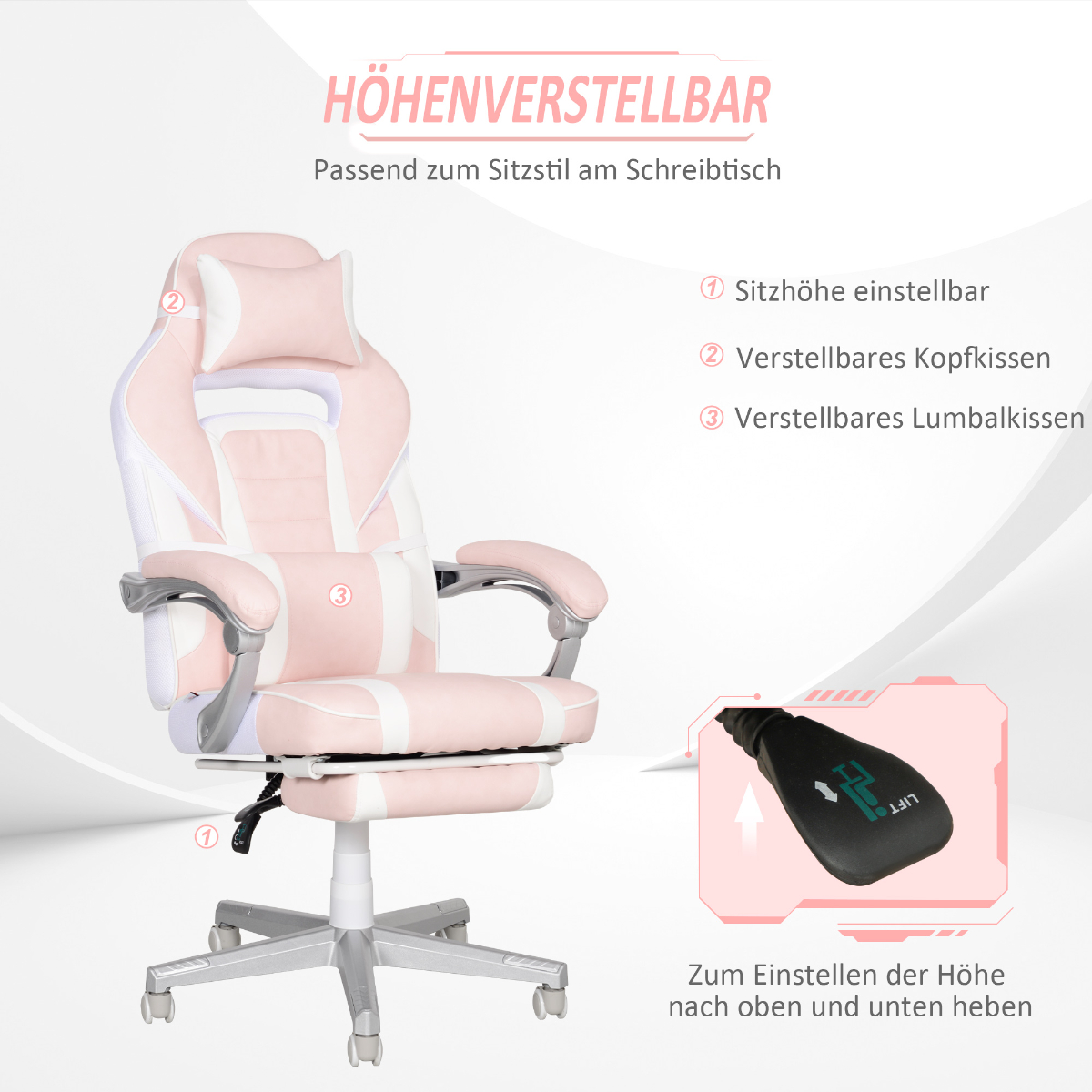 Rosa-weißer Gaming-Stuhl. Merkmale: höhenverstellbar, Kopfstütze und Lendenwirbelstütze. Hebel.
