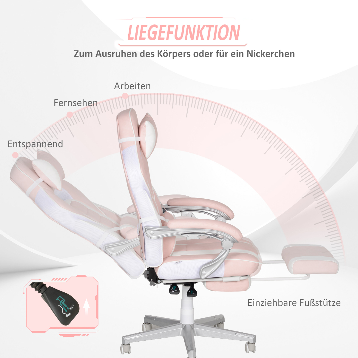 Rosa-weißer Gaming-Stuhl, zurückgelehnt, mit ausziehbarer Fußstütze.