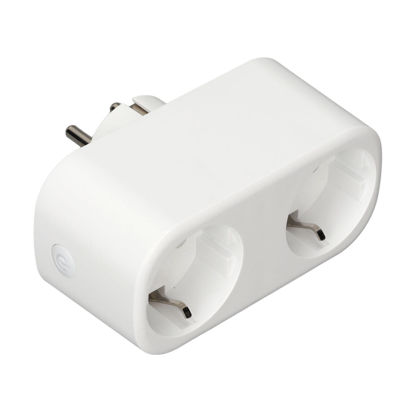 Ein weißer Netzadapter mit zwei Steckdosen. Für europäische Stecker geeignet.
