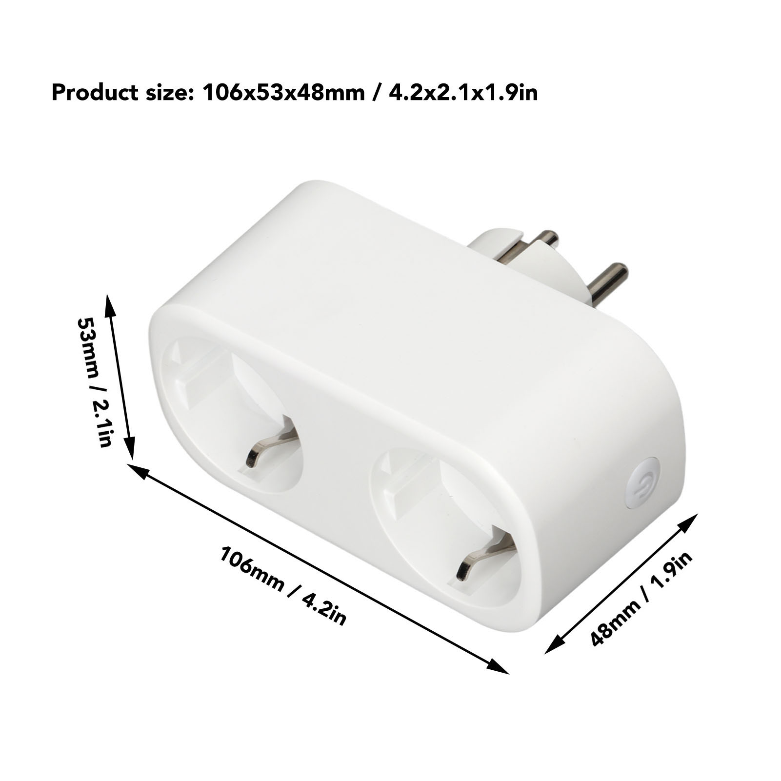 Weißer Smart-Stecker mit zwei Steckdosen, Maße: 106x53x48mm / 4.2x2.1x1.9in.