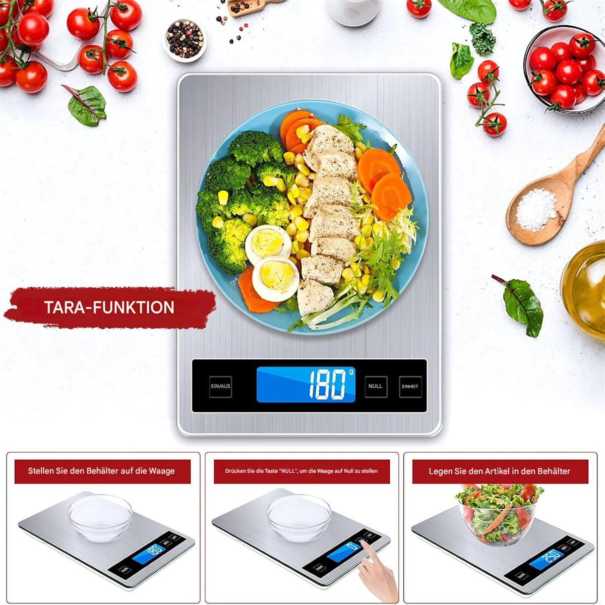 Digitale Küchenwaage mit Essen, Tomaten, Brokkoli und Hähnchen auf einem blauen Teller.