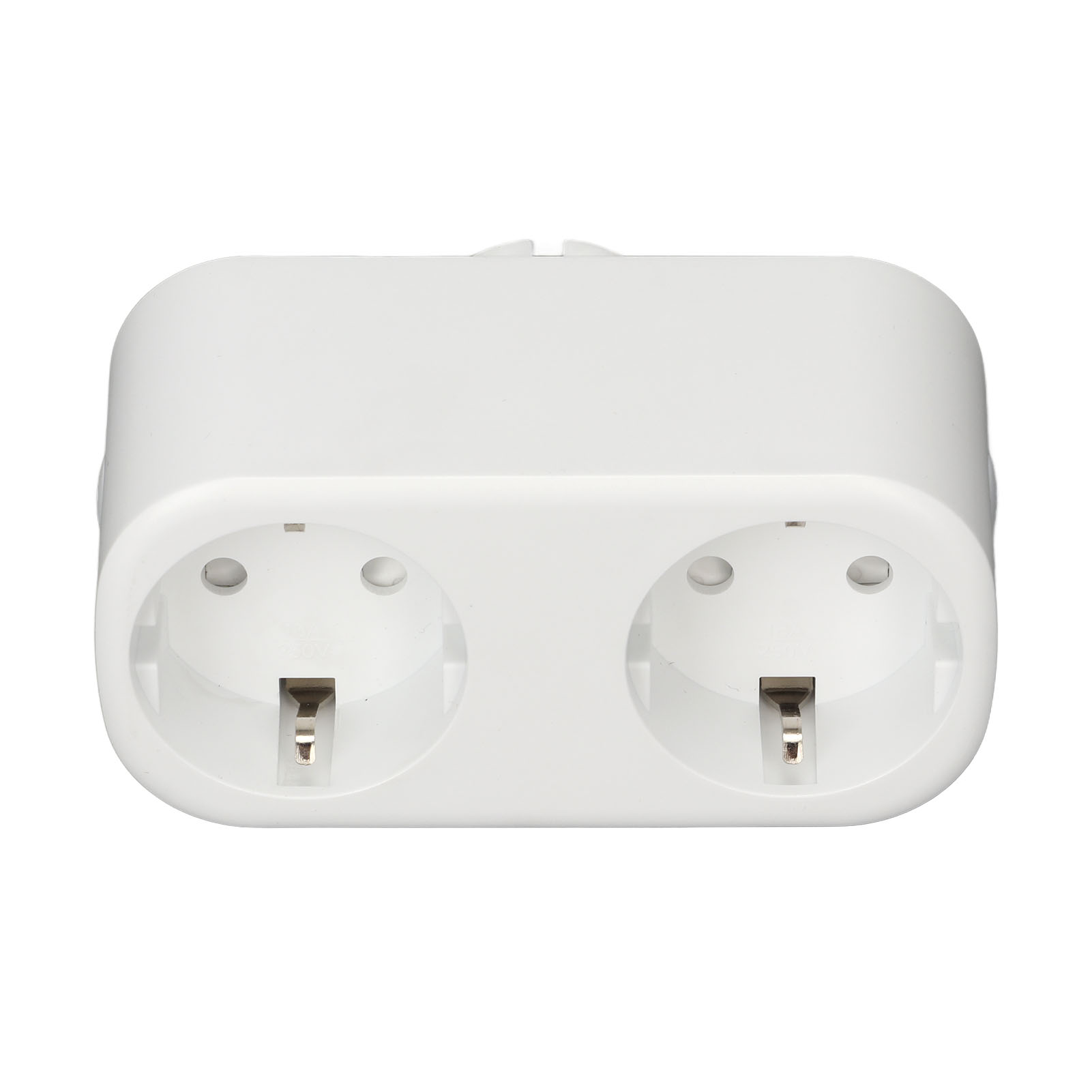 Weißer Netzadapter mit zwei Steckdosen. Für europäische Stecker geeignet.