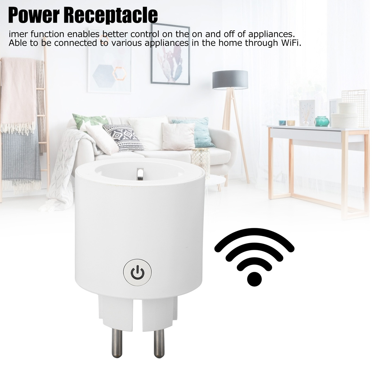 Weißer Smart-Stecker mit WLAN-Signal. Mit Ein-/Aus-Taste. Text: Power Receptacle.