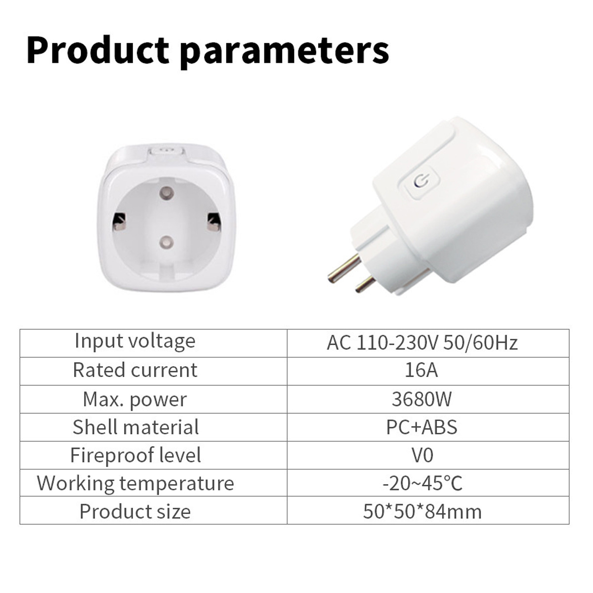 Weißer Smart Plug mit Produkttabelle, weißer Hintergrund.
