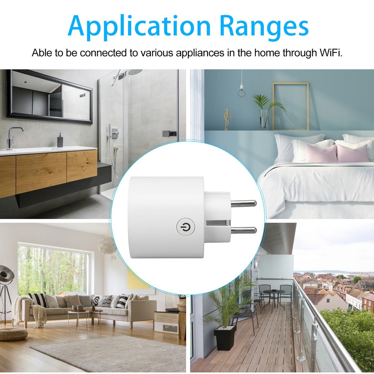 Weißer Smart-Stecker, mit dem Titel "Anwendungsbereiche" und Bildern von Innenräumen.