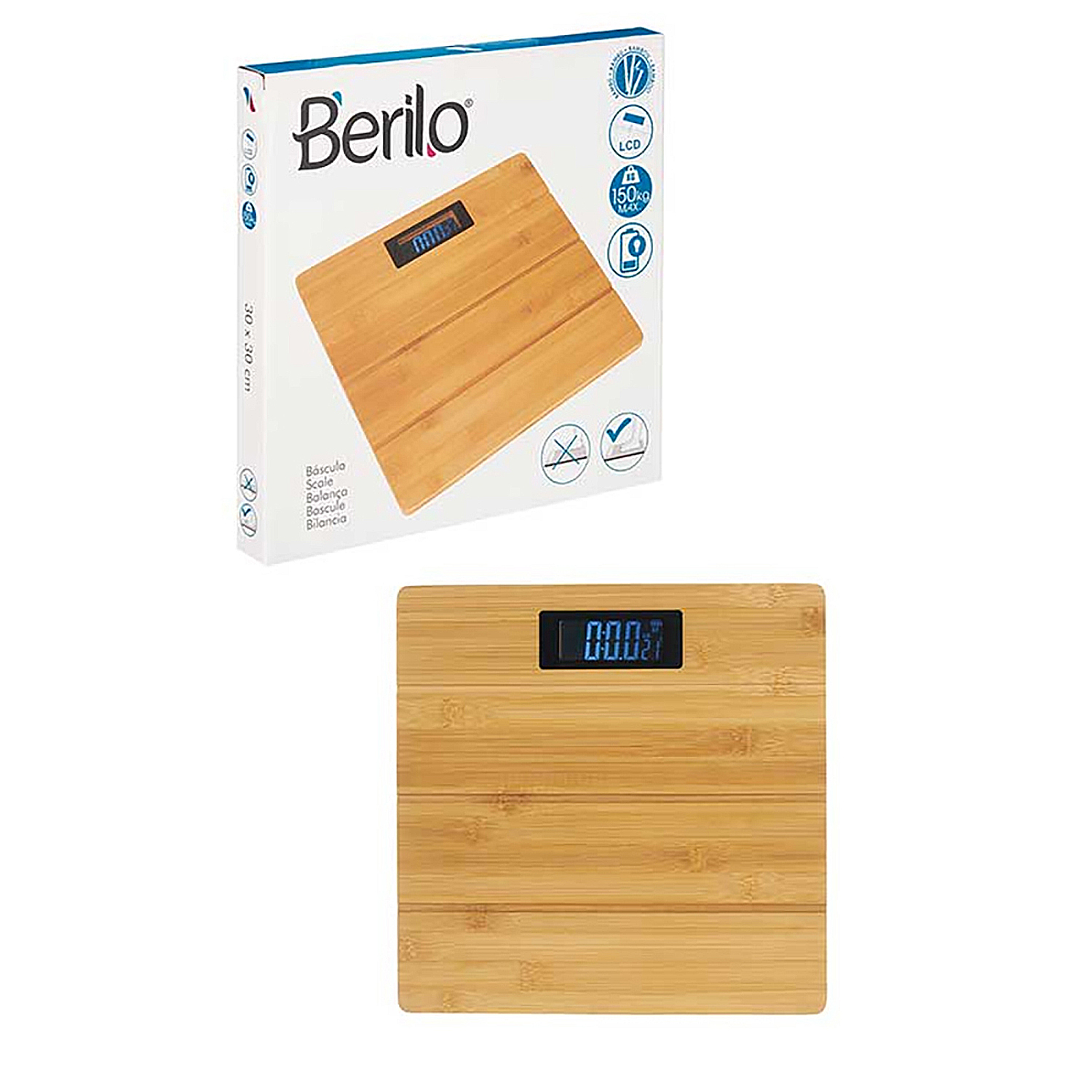 Bilancia da cucina in legno in una scatola, con la bilancia che mostra un display digitale.